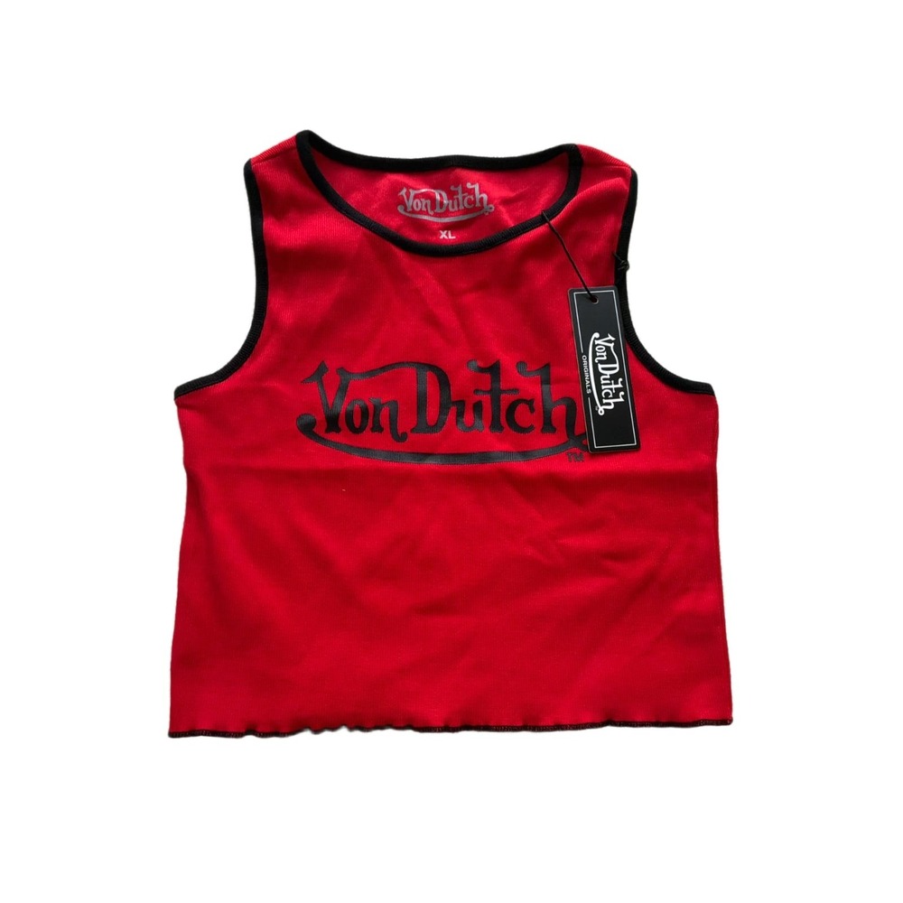 Von Dutch Originals Womens XL Red Black Logo Crop Tank Top Y2K NWT VDSPT-004